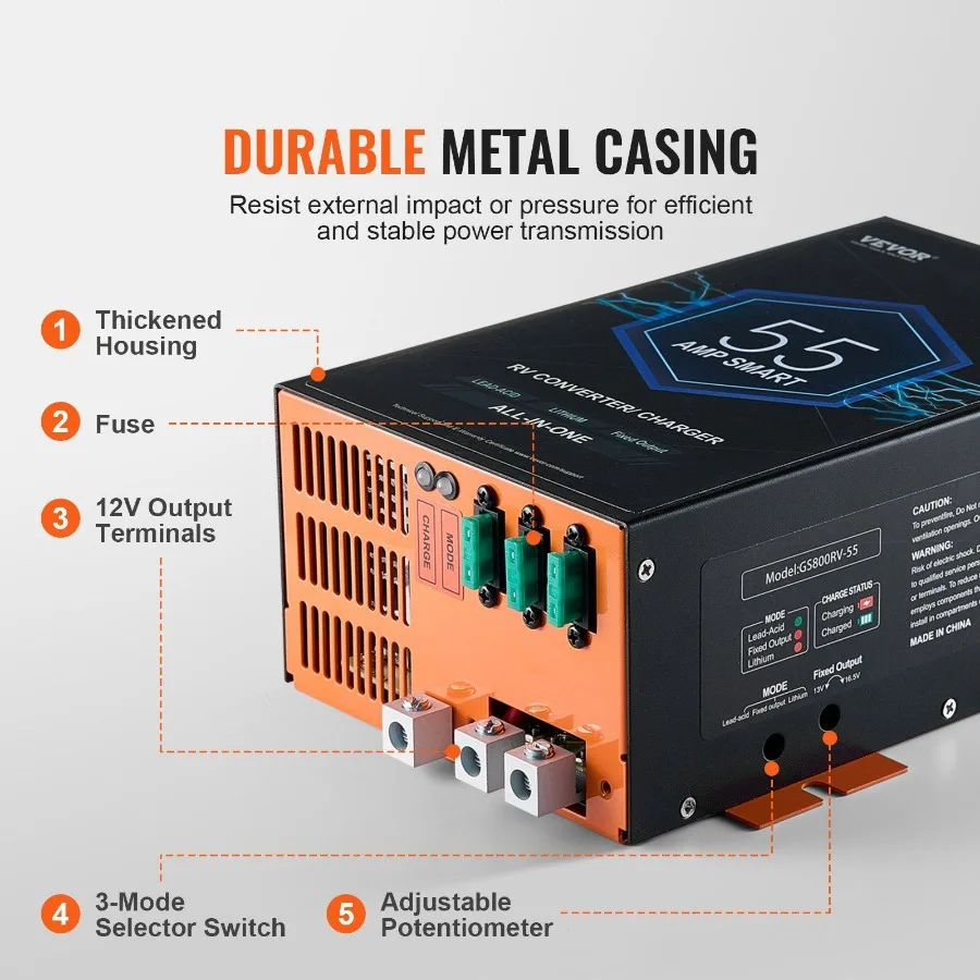 محول RV 55 أمبير 110 فولت تيار متردد إلى 12 فولت تيار مستمر RV شاحن بطارية محول الطاقة