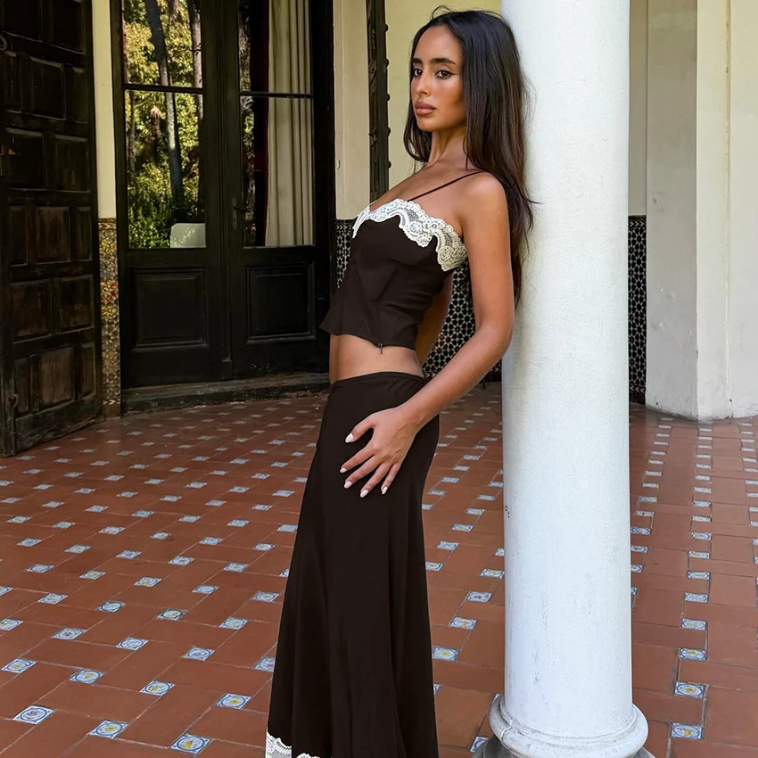 

Linad Casual Lace Long Skirts Suits Sexy Crop Top Spaghetti Strap Vest With High Waist Skirt 2 Piece Sets Women 2026 Spring