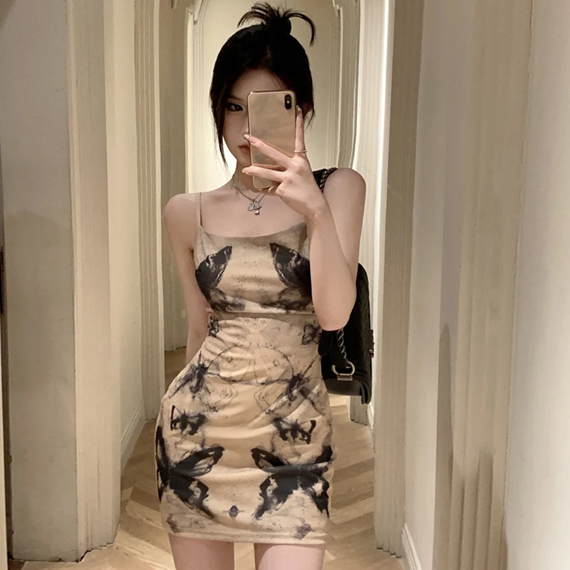 Women Y2K Spaghetti Strap Sleeveless Dress Summer Butterfly Print Backless Party Mini Dress for Cocktail Beach Retro Streetwear