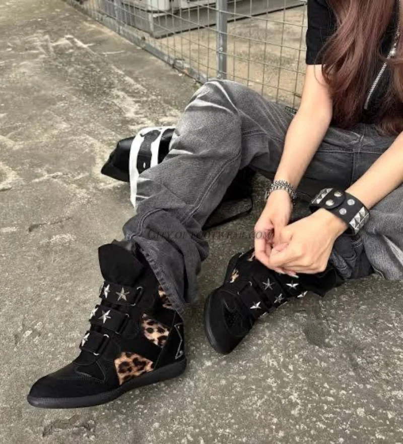 Women‘s Causal Dress stars leather sneakers Leopard print black/white crystal High-top shoes wedge heeled designer booties