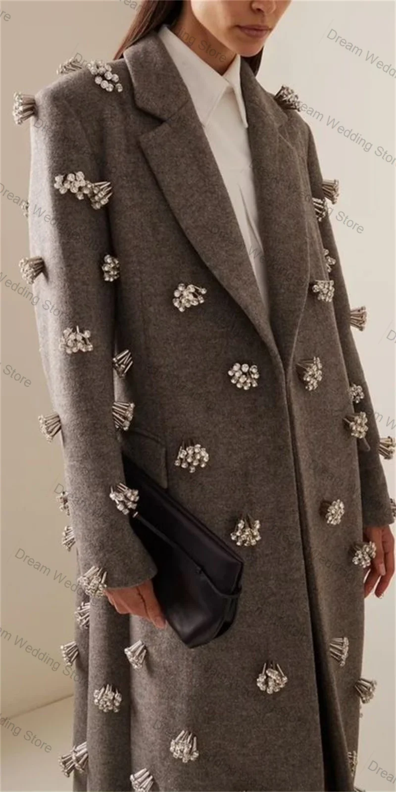 

Cashmere Grey Women Suit 1 Piece Long Blazer Crystals Woolen Prom Dress Formal Office Lady Jacket Wedding Guest Coat Customized