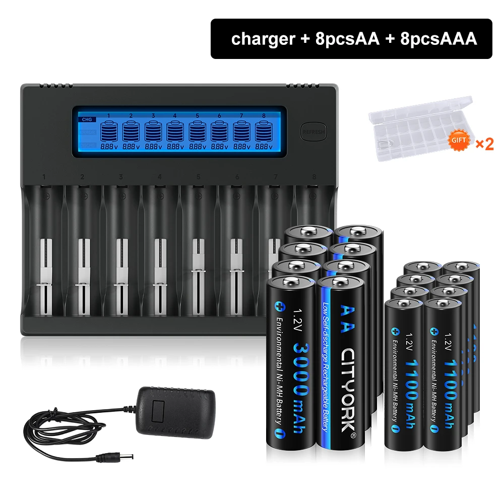 

CITYORK 1.2V NI-MH AA AAA Rechargeable Battery+8-Slot LCD Display Charger for 3.7V 18650 16340/16350 14500 1.2V AA AAA batteries