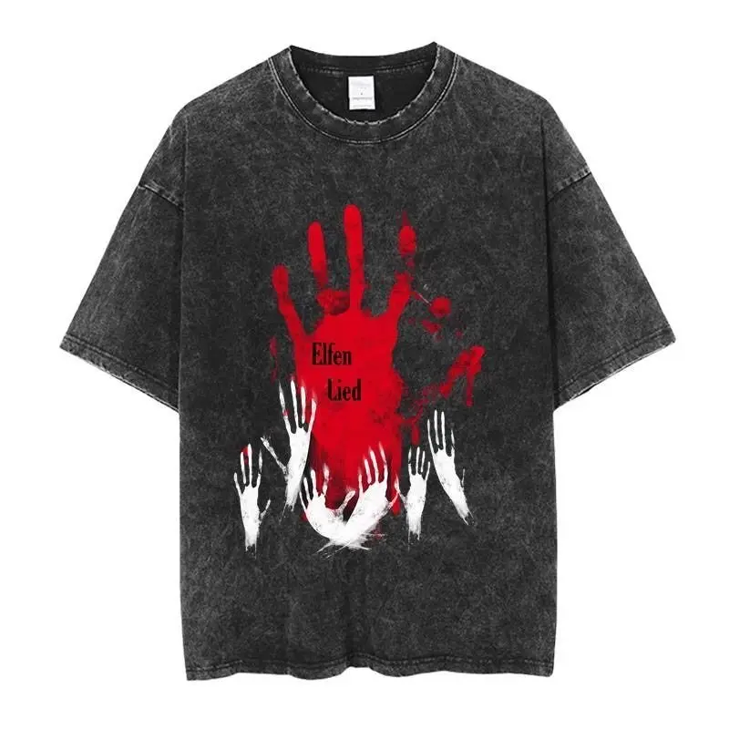 Camiseta Vintage lavada Retro, ropa de calle de Elfen Lied de Anime japonés, informal, con patrón Harajuku, tendencia de manga corta