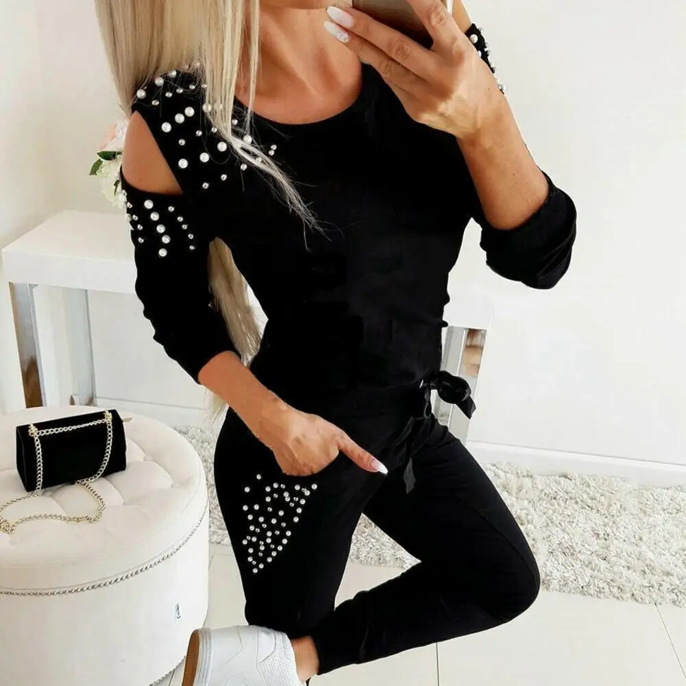 Fashion  Jogger Suit Pullover Cold Shoulder Slim Women Sporty Outfit Ankle Banded Two Piece Set Women Outfit for Party