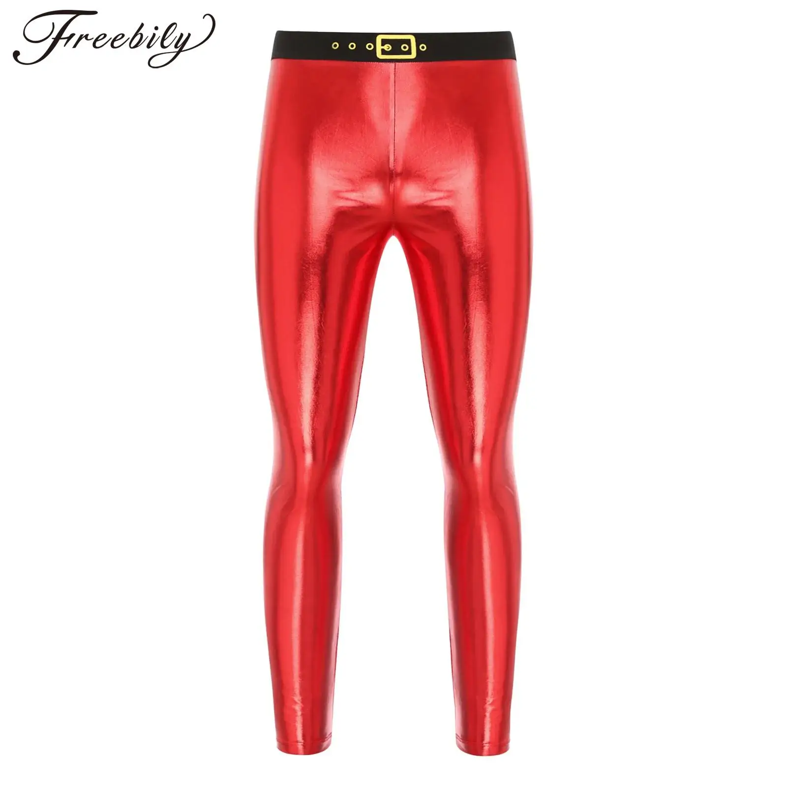 Mens Xmas Santa Claus Metallic Shiny Leggings Print Elastic Waist Skinny Pencil Pants for Christmas Party Fancy Dress-up