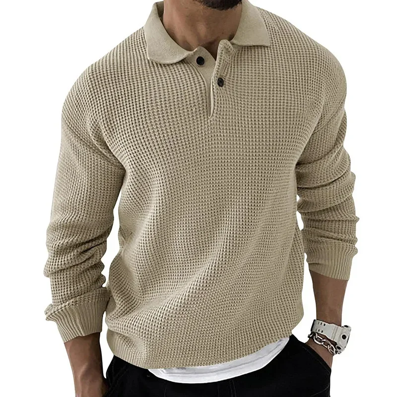 Solid Color Woven Fabric Men Sweater 2023 Autumn Winter Lapel Button Splicing Thickened Warm Tops Male Slim Fit Knitted Jumpers