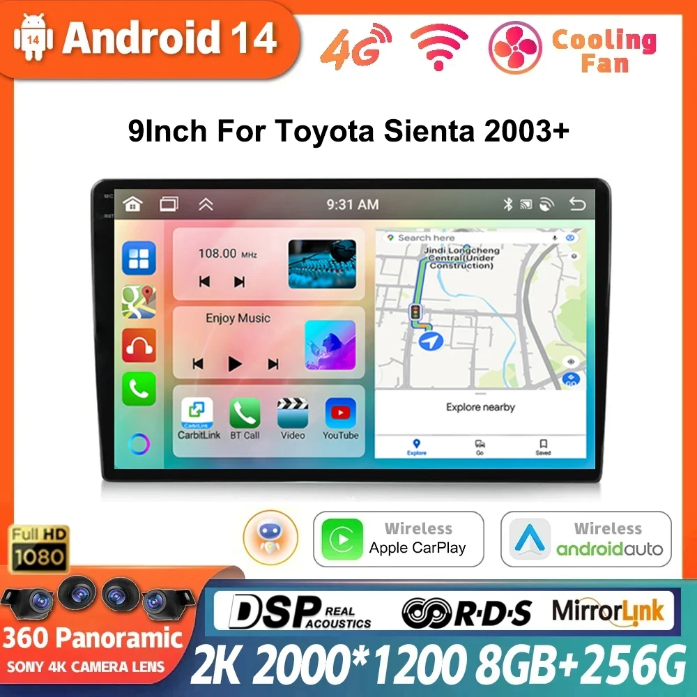 

9" Wireless Carplay Car Radio for Toyota Sienta 2003+ Android 14 Multimedia Player Navigation GPS RDS 4G AutoRadio Head Unit