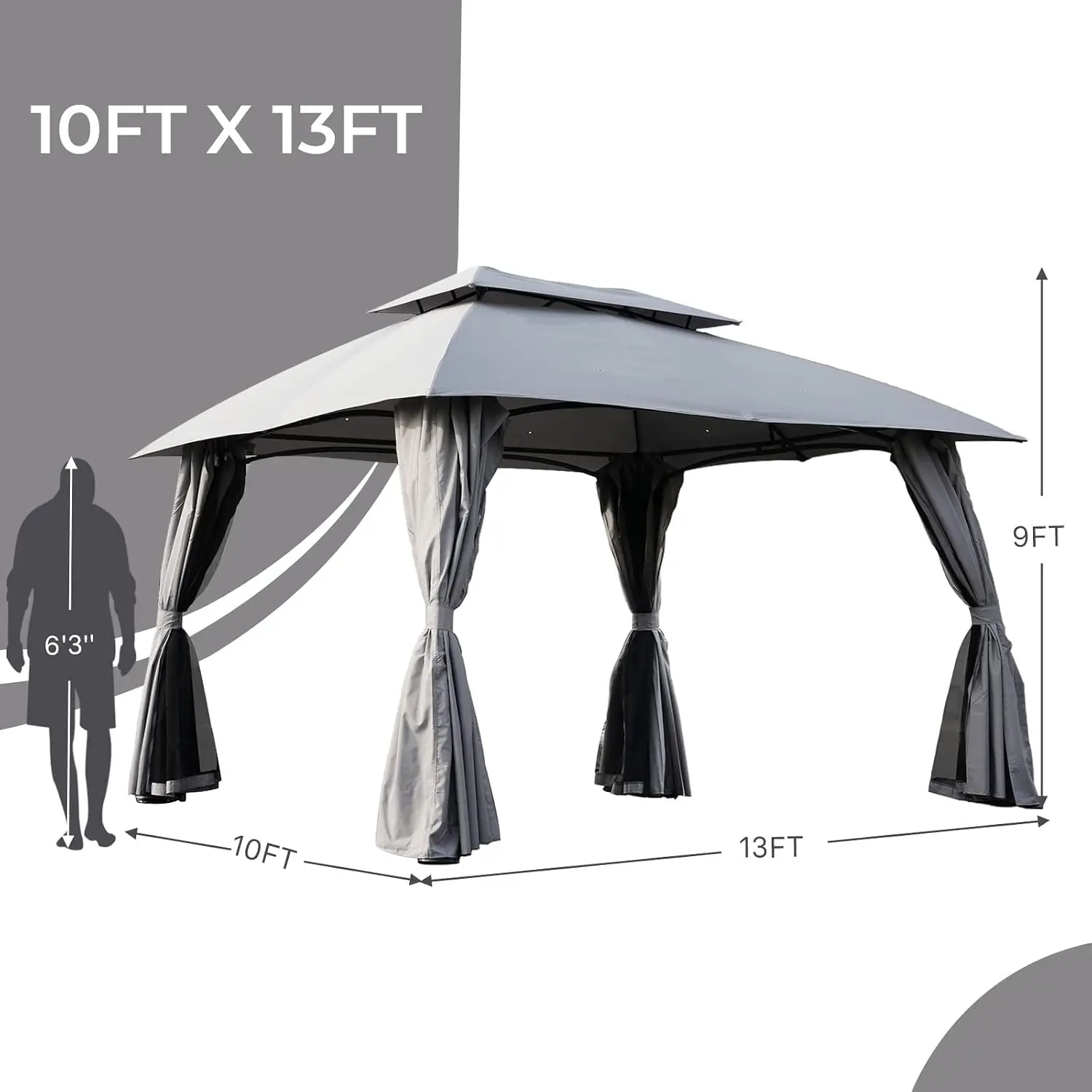 10x13 Gazebo Double Soft Top Canopy Anti-UV Shelter with Privacy Curtains and Netting for Patio Deck Backyard, Customized