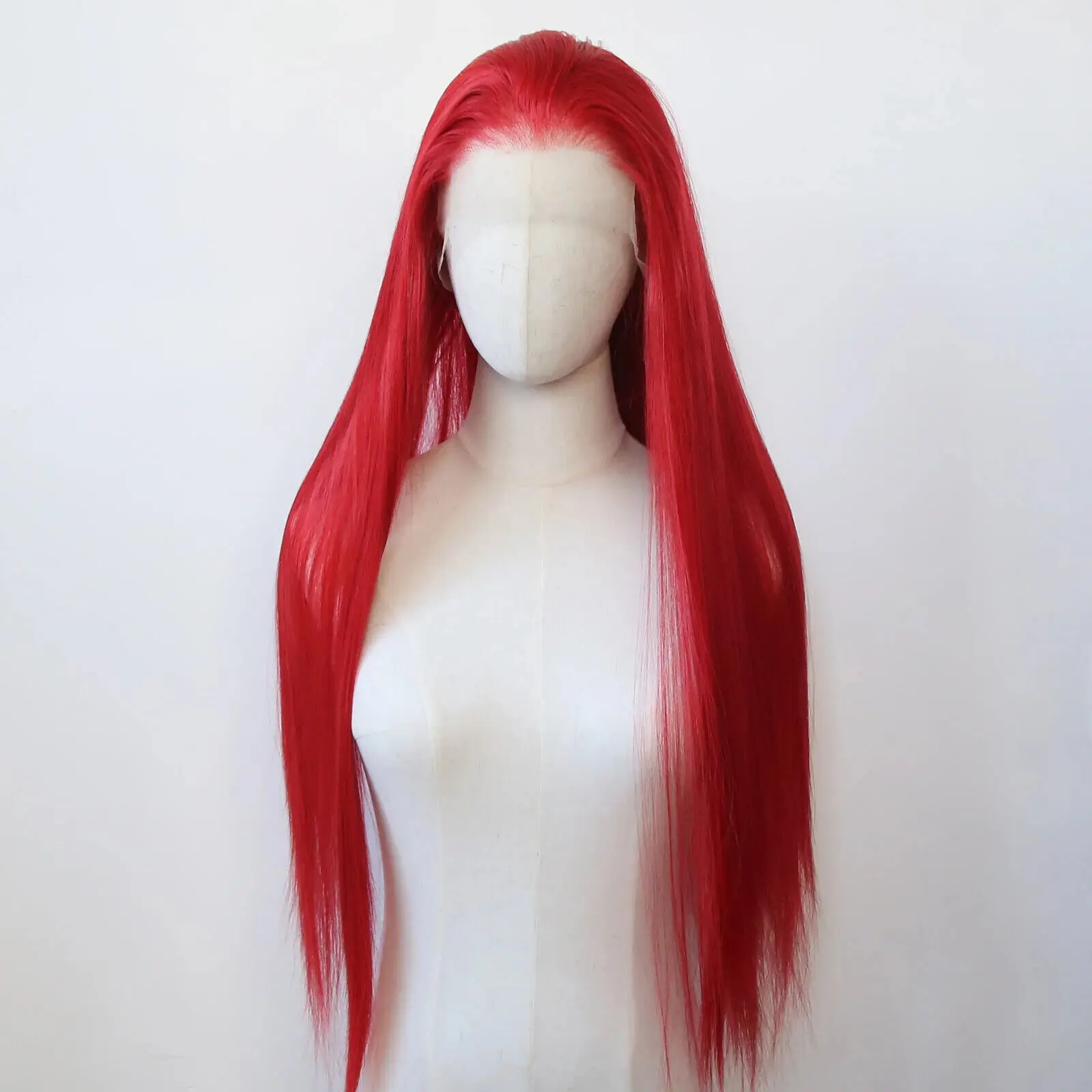 Wig T renda depan tanpa lem rambut sintetis tahan panas lurus alami merah