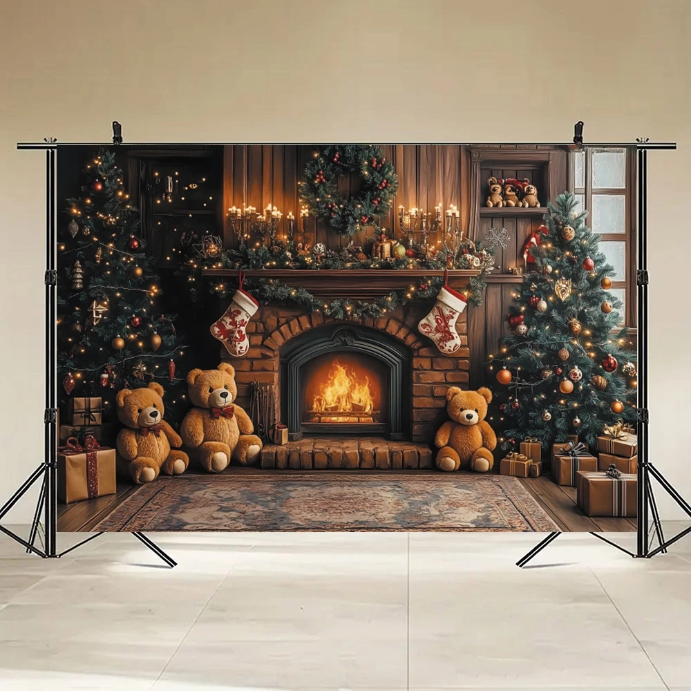 Acogedor fondo de Navidad para interiores, chimenea, árbol de Navidad, medias de oso de peluche, decoración para fiestas navideñas, fondo de fotografía para niños y adultos