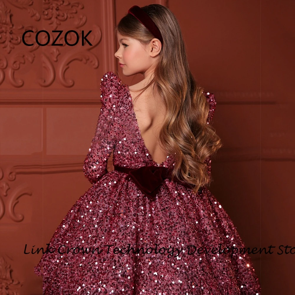 COZOK Burgundy Flower Girls Dresses with Sequined 2024 Tea Length Full Sleeve Christmas Dresses A Line New فستان عيد الميلاد