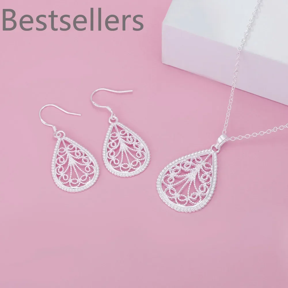 Wholesale 925 sterling Silver classy water drop pattern Pendant Necklace earrings For Women fashion designer wedding Jewelry set