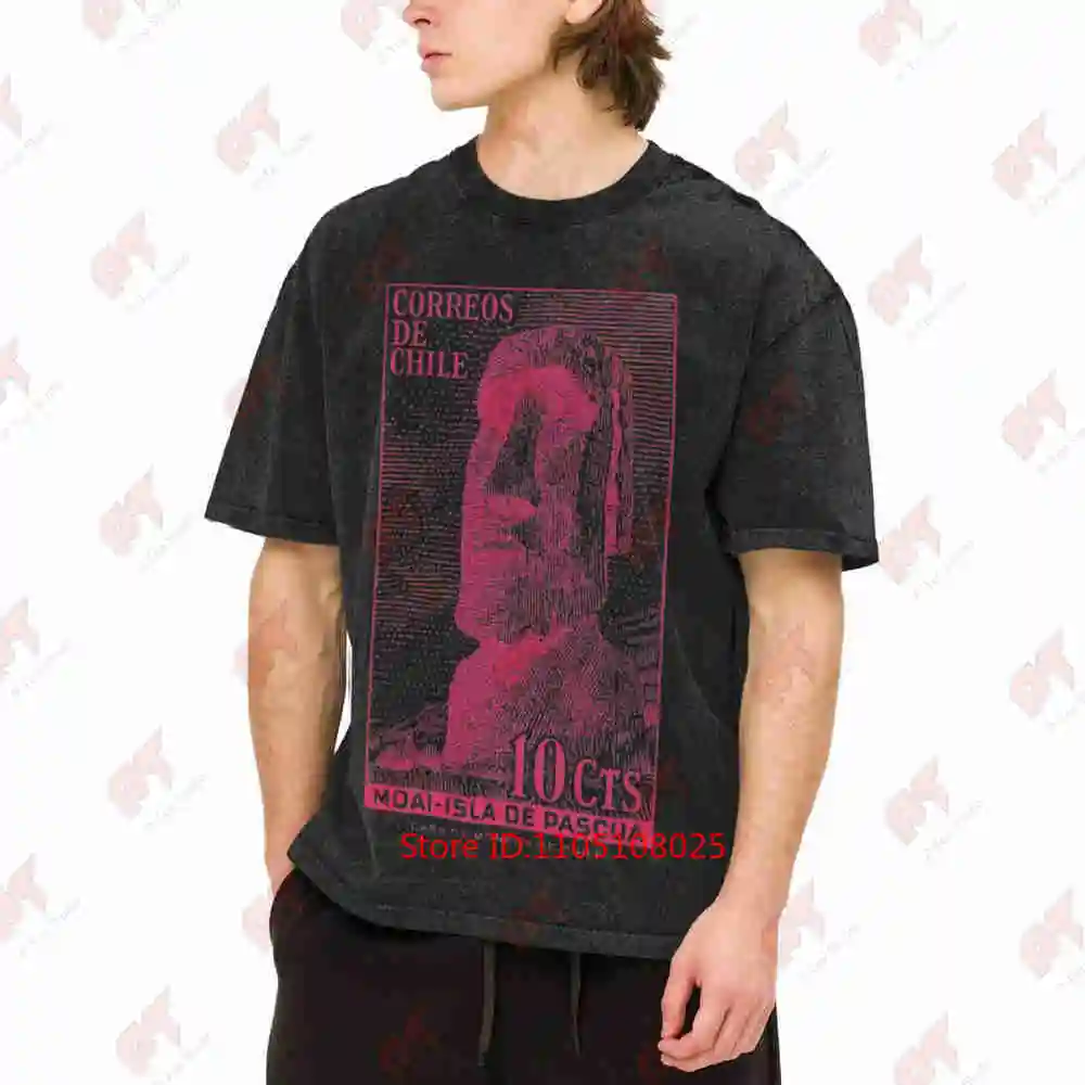 1965 Chile Easter Island Moai Postage Stamp Vintage Washed Tee Pure Cotton T-Shirt