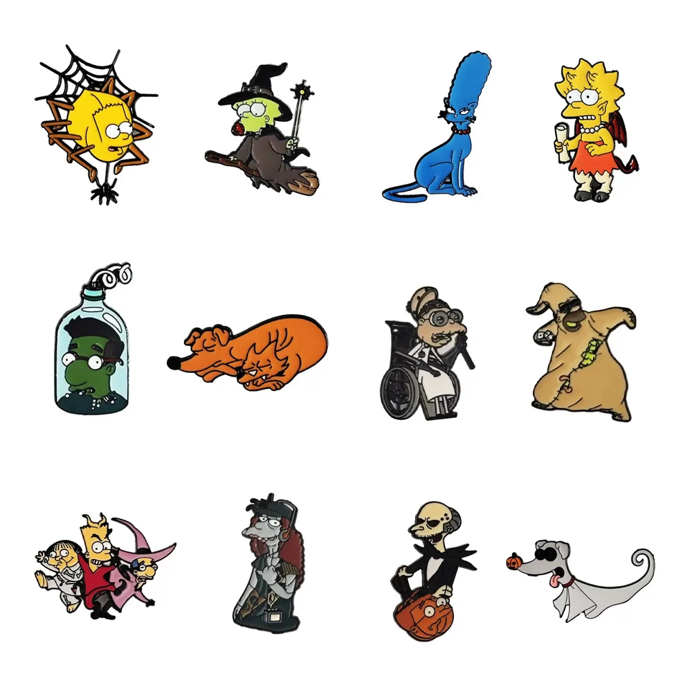 6/12pcs Enamel Lapel Pins Homer Bart Marge Metal Badges Cute Cartoon Anime Characters Brooches for Backpack Accessories