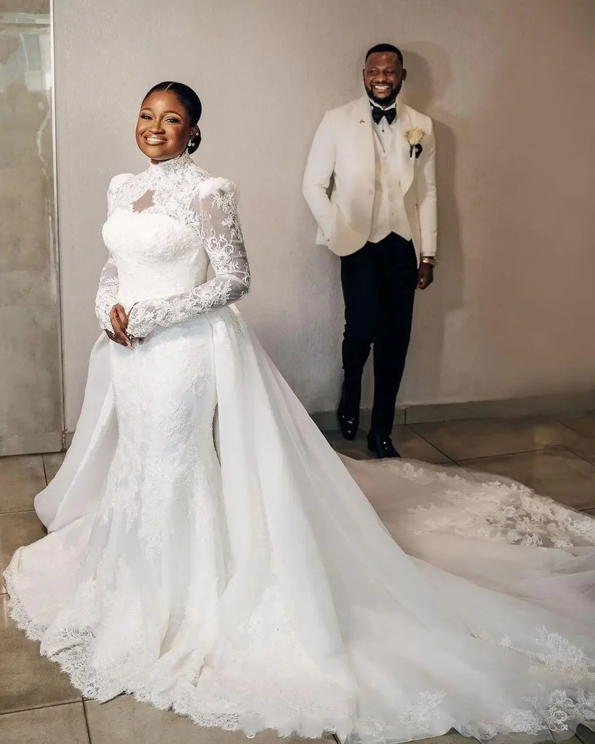 Flavinke Maßgeschneiderte elegante muslimische Meerjungfrau-Brautkleider in Übergröße 2025, volle Spitze, Stehkragen, lange Ärmel, Brautkleider