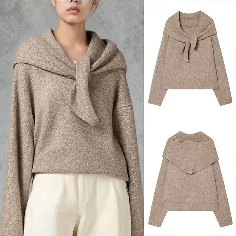 

Осень 2024, новый женский милый вязаный свитер с шарфом во французском стиле ретро