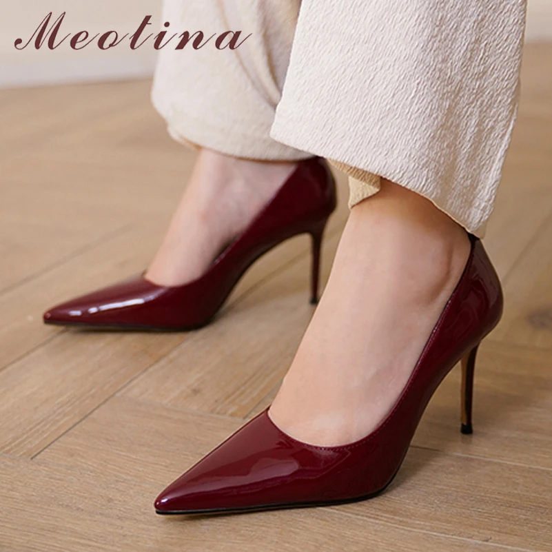 Meotina donna vera pelle punta a punta sottile tacco Super alto moda pompe poco profonde signore primavera autunno scarpe vino-rosso nero