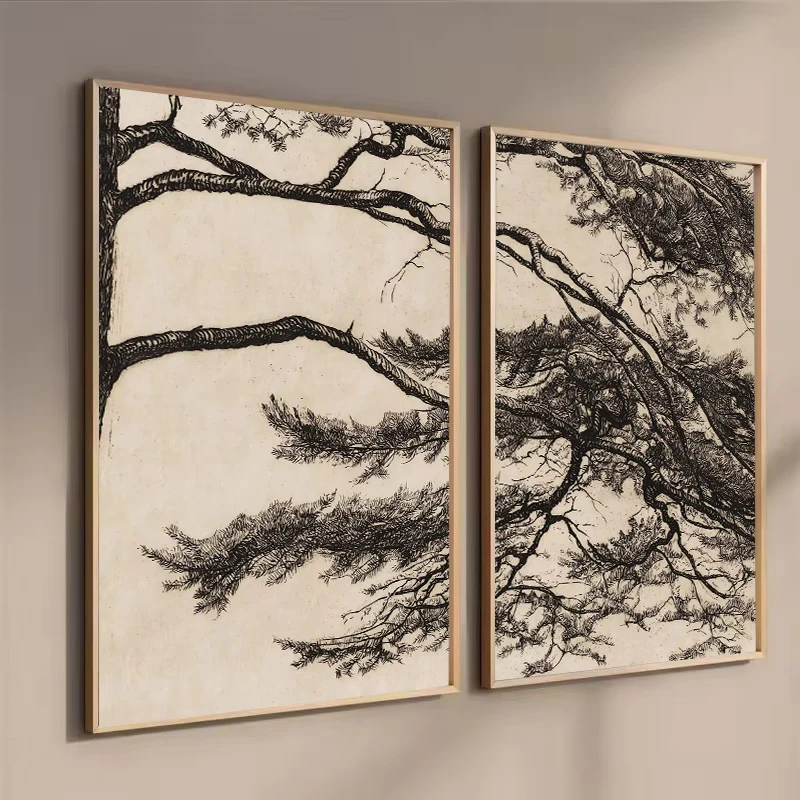فرع شجرة الصنوبر رسم الملصقات والمطبوعات خمر حائط لوح رسم صورة فنية لغرفة المعيشة ديكور المنزل كوادروس