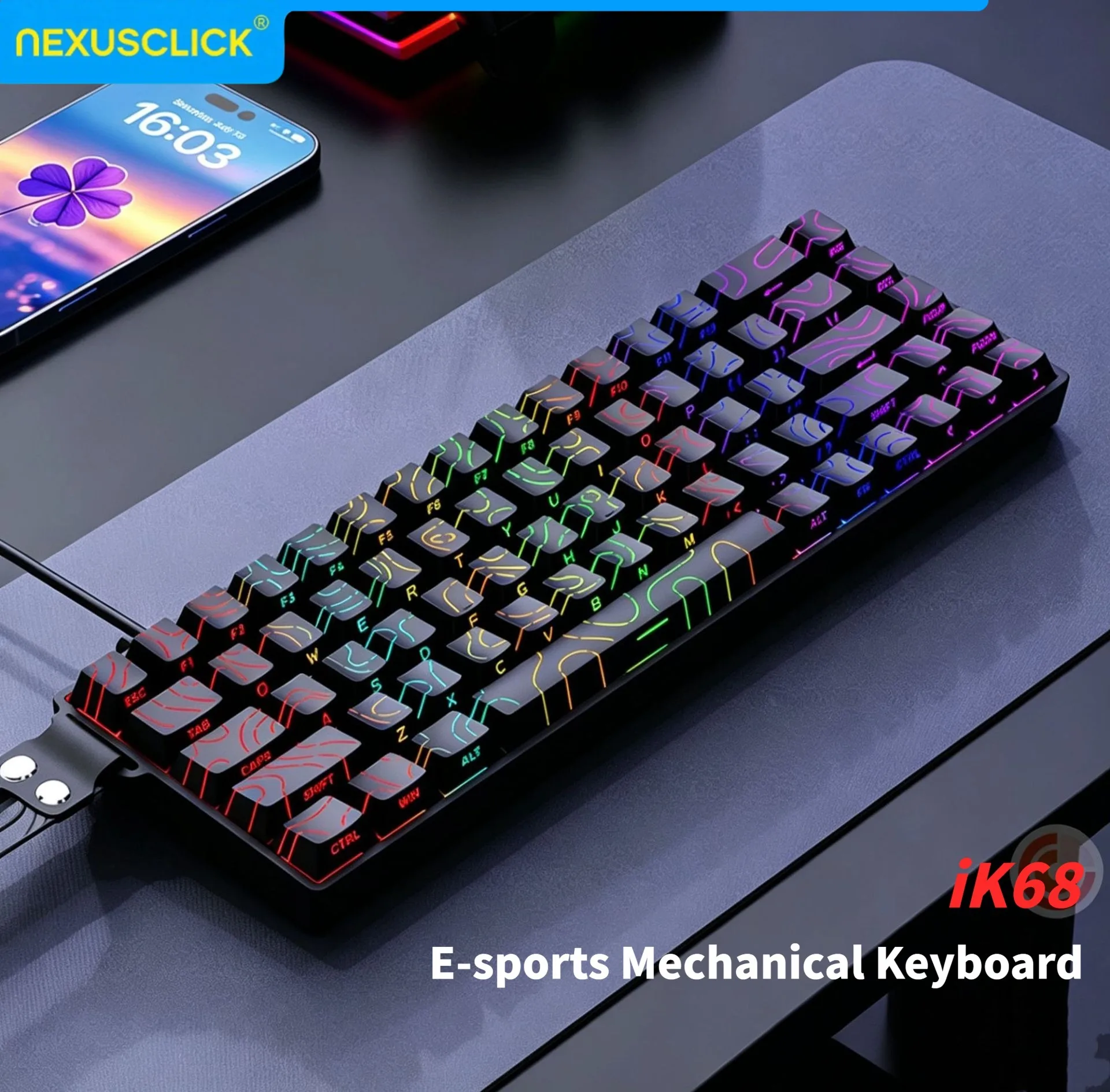 NexusClick iK68 Wired Mechanical Gaming Keyboard,Hot Swappable Switch RGB Side Print Contour Keycap Detachable Type‑C for Gamer