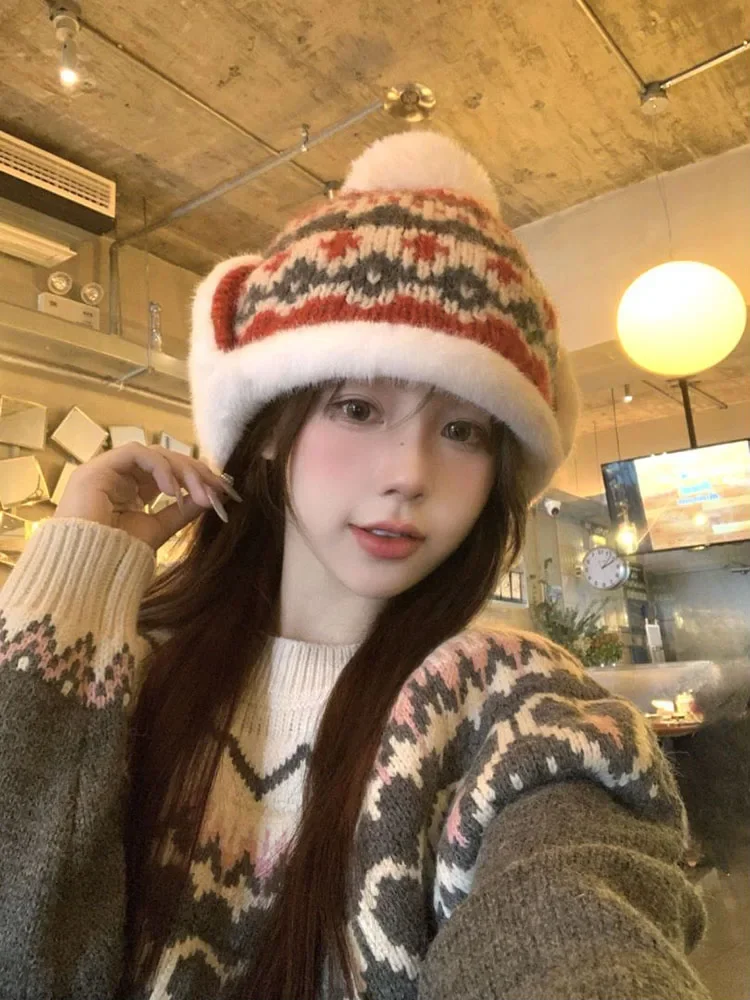 Women's Autumn Winter Thickened Warm Wool Bomber Hat Face Small Ear Protection Plush Riding Cold Cover Knitted Lei Feng Hat