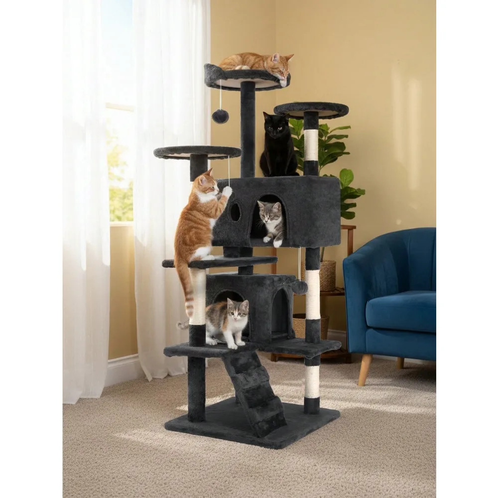 

53.9in Multi-Level Cat Furniture Activity Center, Kitty Play House With Sisal Scratching Post, Large Dual Condo, Climbing Ladder