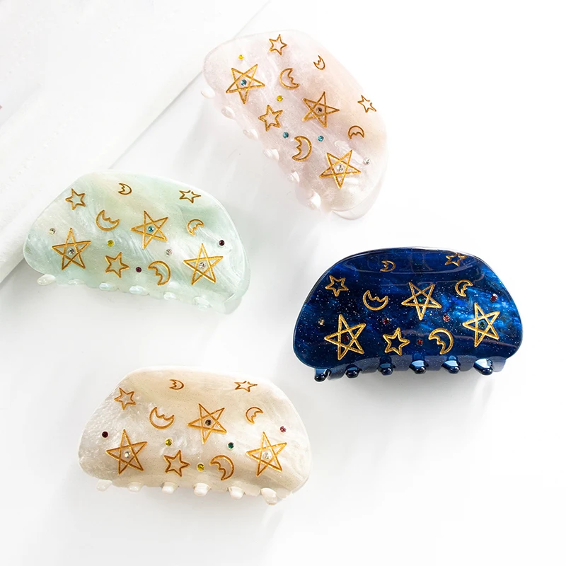Moon five-pointed star hair clip with gold thread and colorful decorations; new diamond product; acrylic green powder hair clip view 2