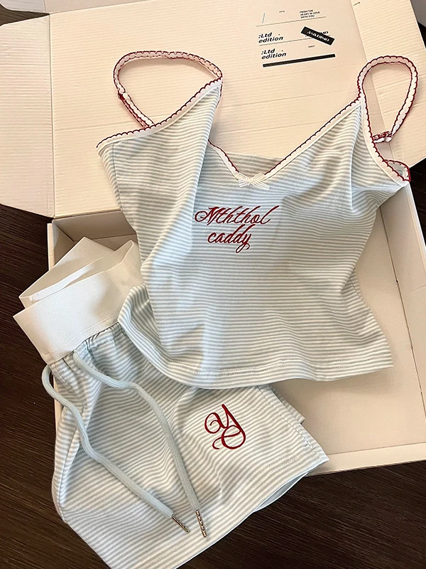 Korean Style Sweet Spicy Striped Letter Embroidery Chemise Sleepwear Set Women Summer Vest Shorts Home Clothes Can Be Worn ou...