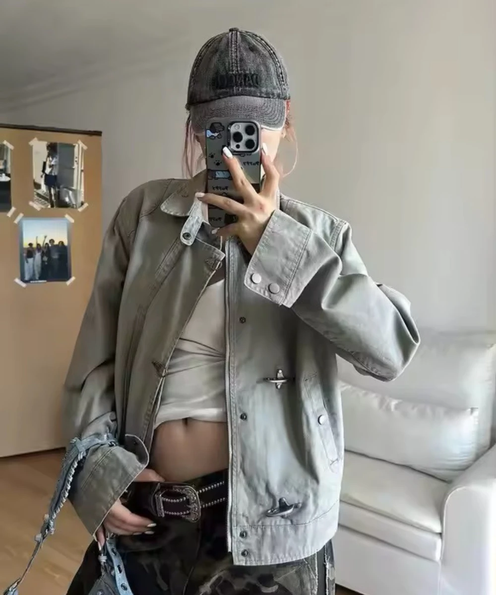 

Fashionable unisex Korean style casual loose retro jacket aircraft buckle Y2K Harajuku retro Gothic high street jacket