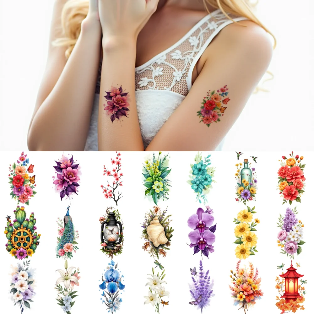 

9pcs Temporary Tattoo Lantern With Leaves Colorful Cactus And Beetles Purple And White Flowers Temporary Tattoo Stickers For