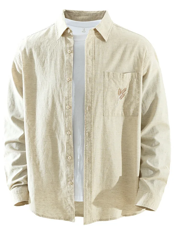 

Loose Fit Men's Long Sve irt Embroidered Cotton Linen Casual Collar Pure Color Japanese Sle Artistic Faion irt