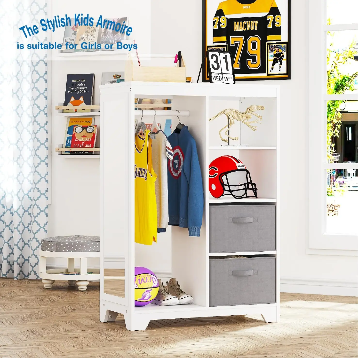 Kids Dress Up Storage with Full Length Mirror, Kids Armoire with 2 Storage Bins, Opening Hanging Costume Closet Wardrobe