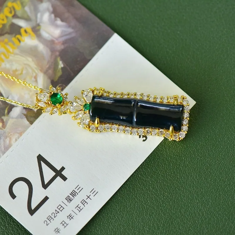 Copper Inlaid Hetian Jade Sapphire Bamboo Pendant