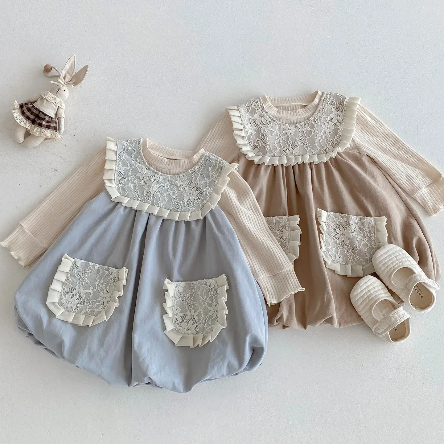 

Toddler Girls Clothes Set Cute Sweet Lace Pockets Princess Dress With Long Sleeve Tops For Baby Kids Soft Daily Party Outfits
