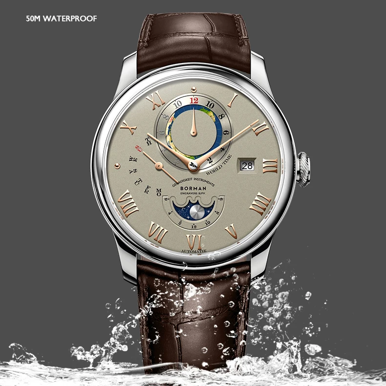 BORMAN 남성용 자동 시계 40mm 기계식 손목시계방수 사파이어 멀티 다이얼 월 주 날짜