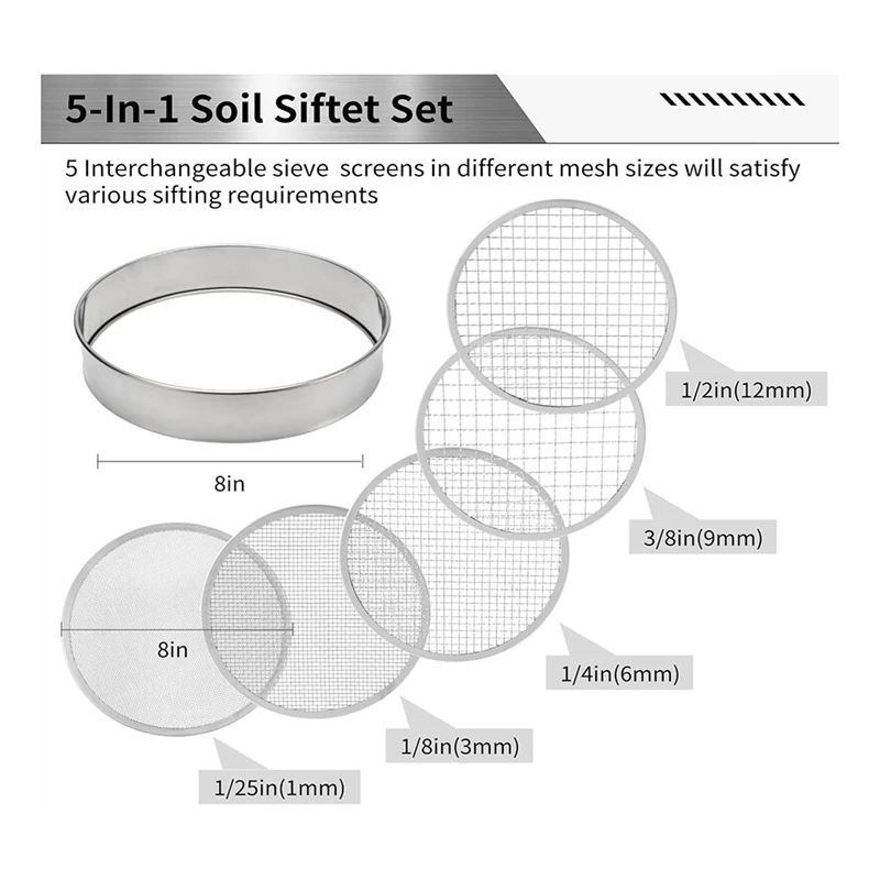 Soil Sifter Stainless Steel Riddle Sieve Set For Gardening With 5 Sizes 8In Diameter 1/3/6/9/12Mm Interchangeable Meshes Durable