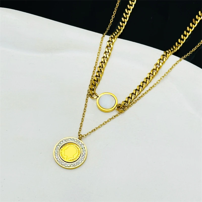316L Stainless Steel New Fashion Fine Jewelry 2-Layer Seashells Zircon King Coin Charm Chain Choker Necklaces Pendants For Women