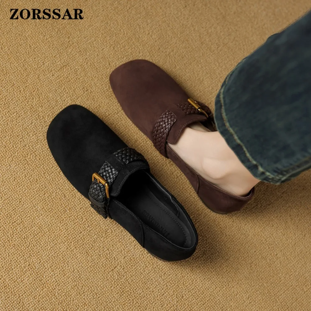 

2026 Spring Autumn Ladies Suede Leather Falt Shoe Vintage Versatile Loafers British Style Fashion Anti-slip Casual Women's Flats
