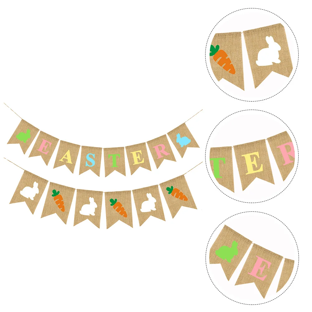

2pcs Easter Decorative Banner Linen Bunting For Party Supplies Colorful Hanging Garlands Dovetail Festive Decoration