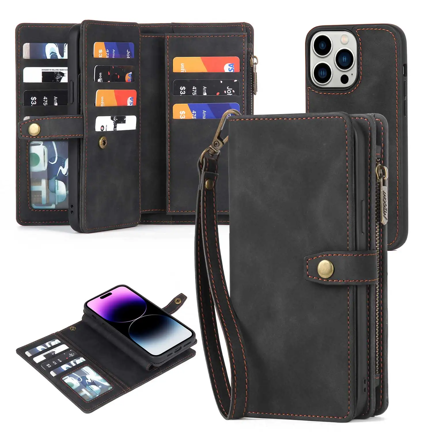 Odpinane magnetyczne skórzane etui na telefon do iPhone'a 12 13 11 14 15 Pro Max Plus X XS Zipper Wallet Card Holder Pocket Cover Coque