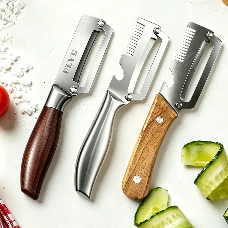 Kitchen Peeler Multi-Function Stainless Steel Kitchen-Specific Peeler for Slicing Fruit and Vegetables with Wooden/ Steel Handle
