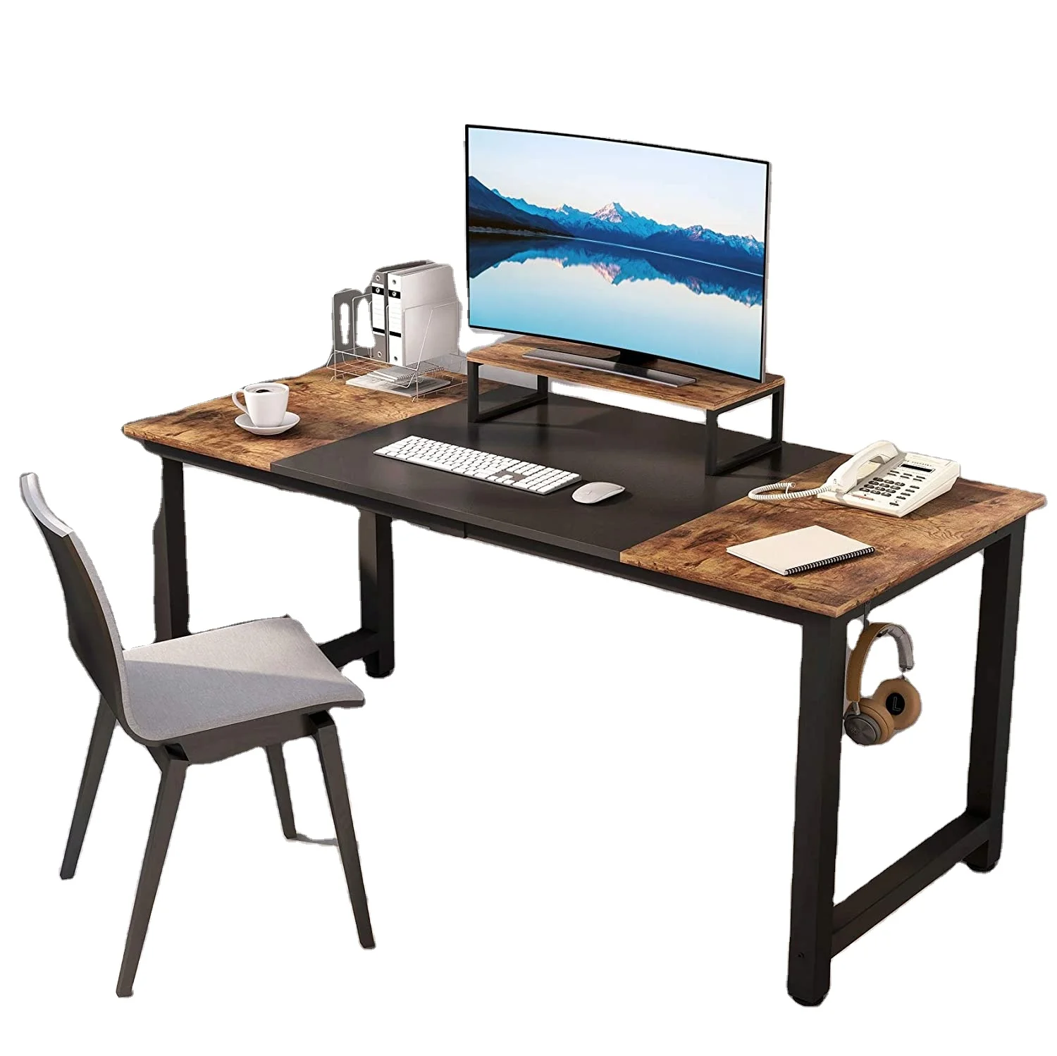 Modern Wood Desktop Home Computer Desk With Monitor Shelf Splicing Board