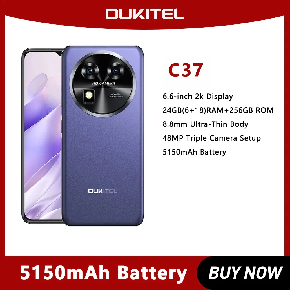 

OUKITEL C37 Ultra-Thin Smartphone 6GB+256GB Android 13 Smartphone 6.6 Inch FHD+ Octa Core 5150mAh 48MP Camera Cell Phone