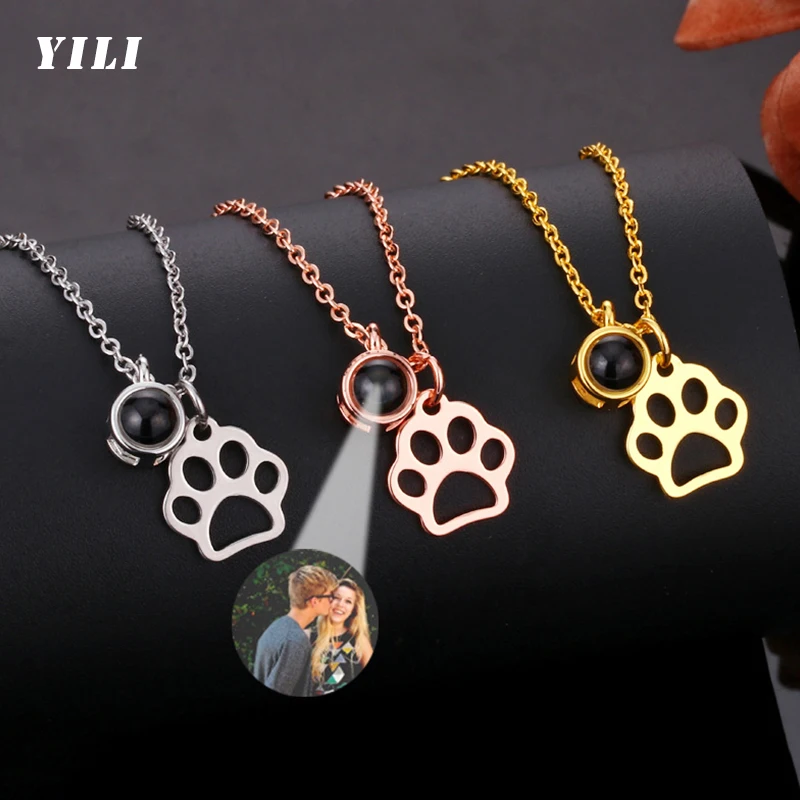 Personalized Pet Photo Necklace Custom Photo Dog Cat Paw Projection Pendant Necklace with Picture Customized Portrait Jewelry