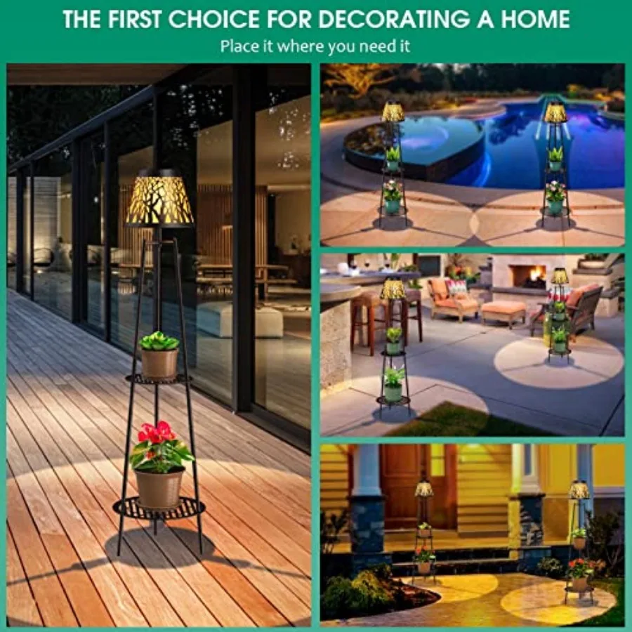 2 Pack Outdoor Solar Floor Lamp with Plant Stand Waterproof Metal Garden Lights with 2-Tier Shelves Decorative LED Cordless Pat view 5