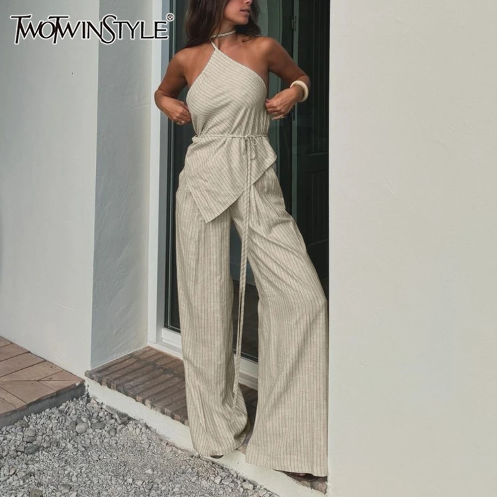 

TWOTWINSTYLE Полосатый комплект из двух предметов для девочек для женщин с лямкой на шее и открытыми плечами, сексуальный тонкий топ с открытой спиной и широкими брюками, женский костюм