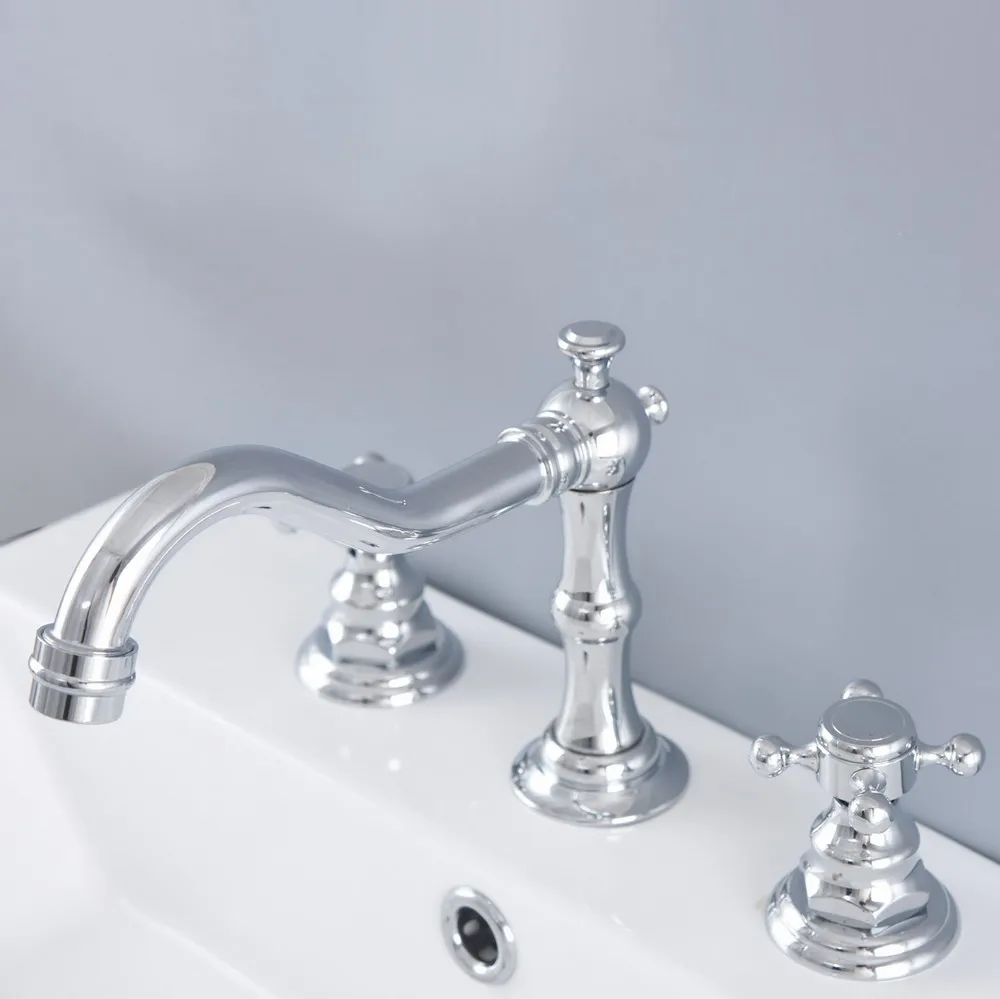 

Polished Chrome Brass Deck Mounted Dual Handles Widespread Bathroom 3 Holes Basin Faucet Mixer Water Taps mnf971