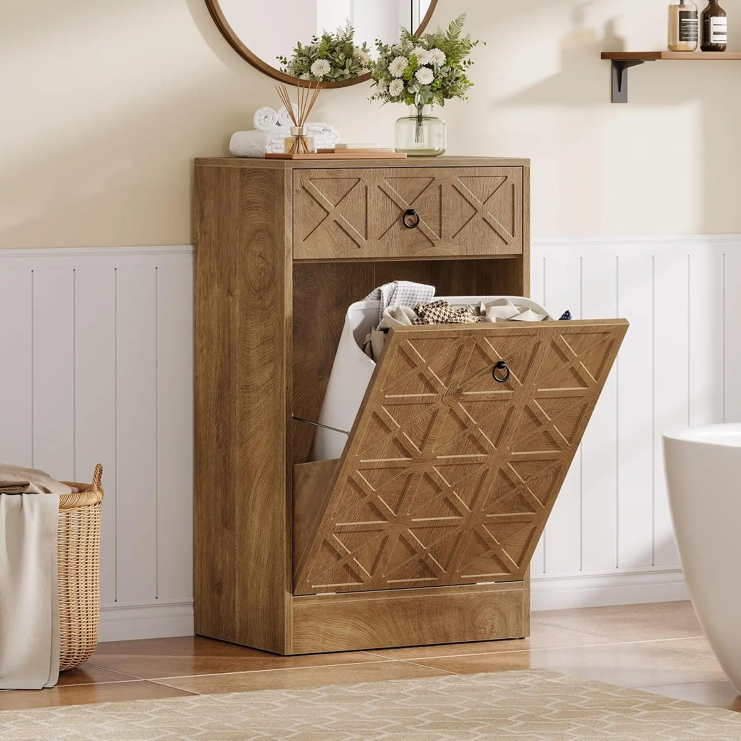 Tilt Out Laundry Hamper Cabinet with Drawer, Wooden Hidden Laundry Hamper, Freestanding Hamper Cabinet for Bathroom, Customized