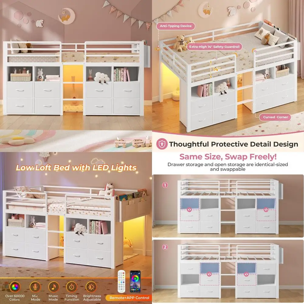 

Twin Size Storage Bed with 8 Drawers, Bookcase, LED Lights, Safety Rail, Under-Bed Play Area, No Box Spring Required, White