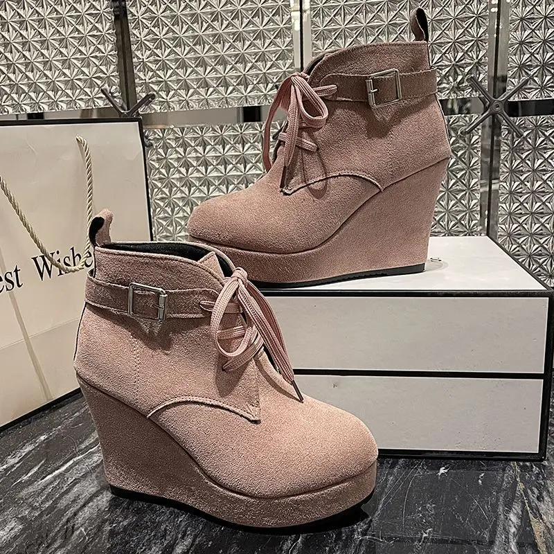

Autumn and Winter Woman Booties Suede Wedges Platform Boots Super-high Heels Fashion Buckle Lace-up Temperament Boots Ladies