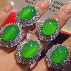 Wholesale natural, Emerald, green jade S925 silver inlaid high ice white chalcedony female ring